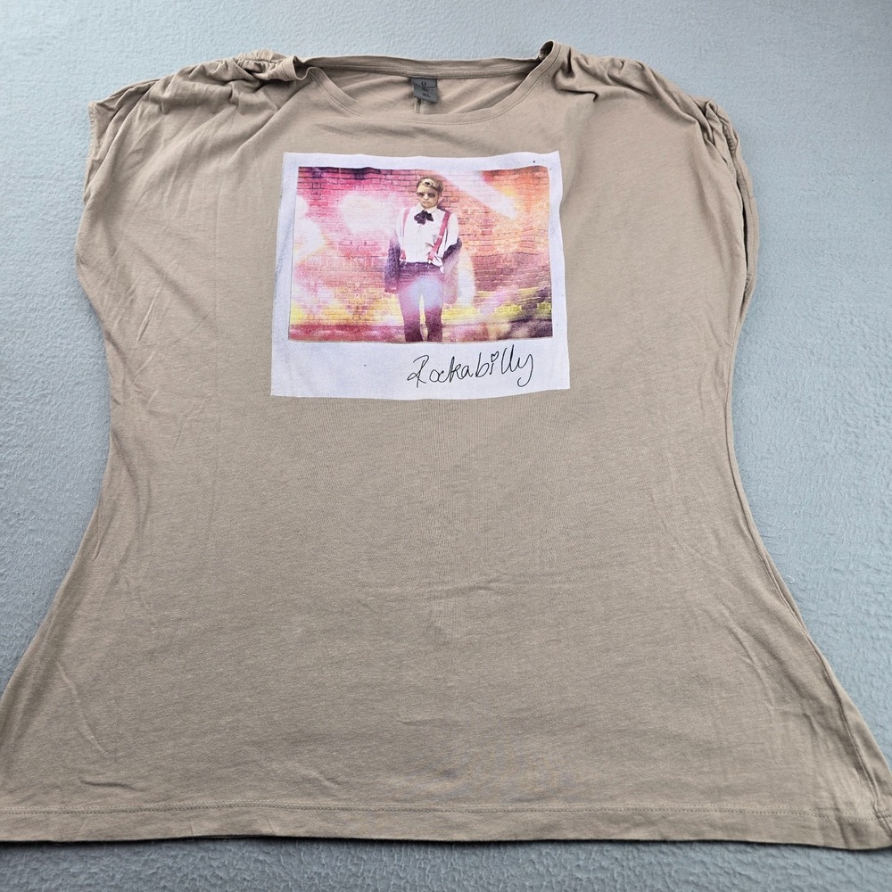 Vero Moda Jeans Rockabilly T Shirt Womens XL Beige Polaroid Photo Pic Cap Sleeve